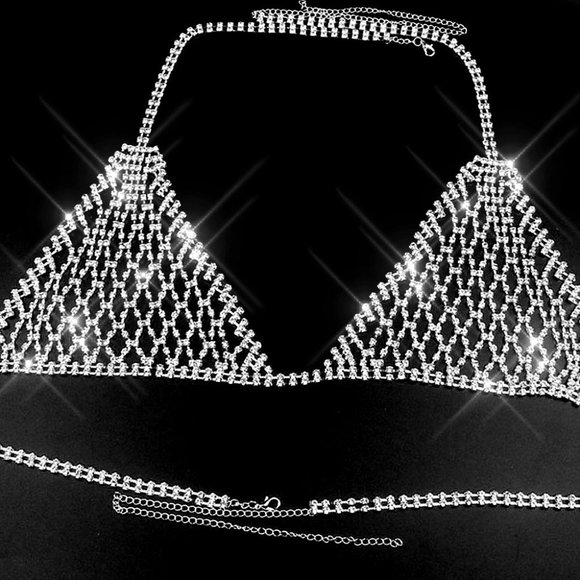 NEW Sparkling Bling Swarovski Crystal Bikini Body Chain Bra Top & Thong … - Picture 5 of 16